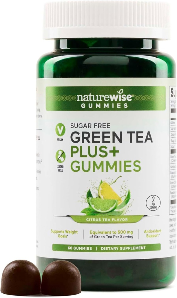 NatureWise Green Tea Gummies - Keto, Sugar Gratis - Supports Fitness Goals for Women & Men - 500mg Green Tea + Raspberry Ketones, Garcinia Cambogia - Vegan, No Gluten - 60 Conde[1-Mes de suministro]