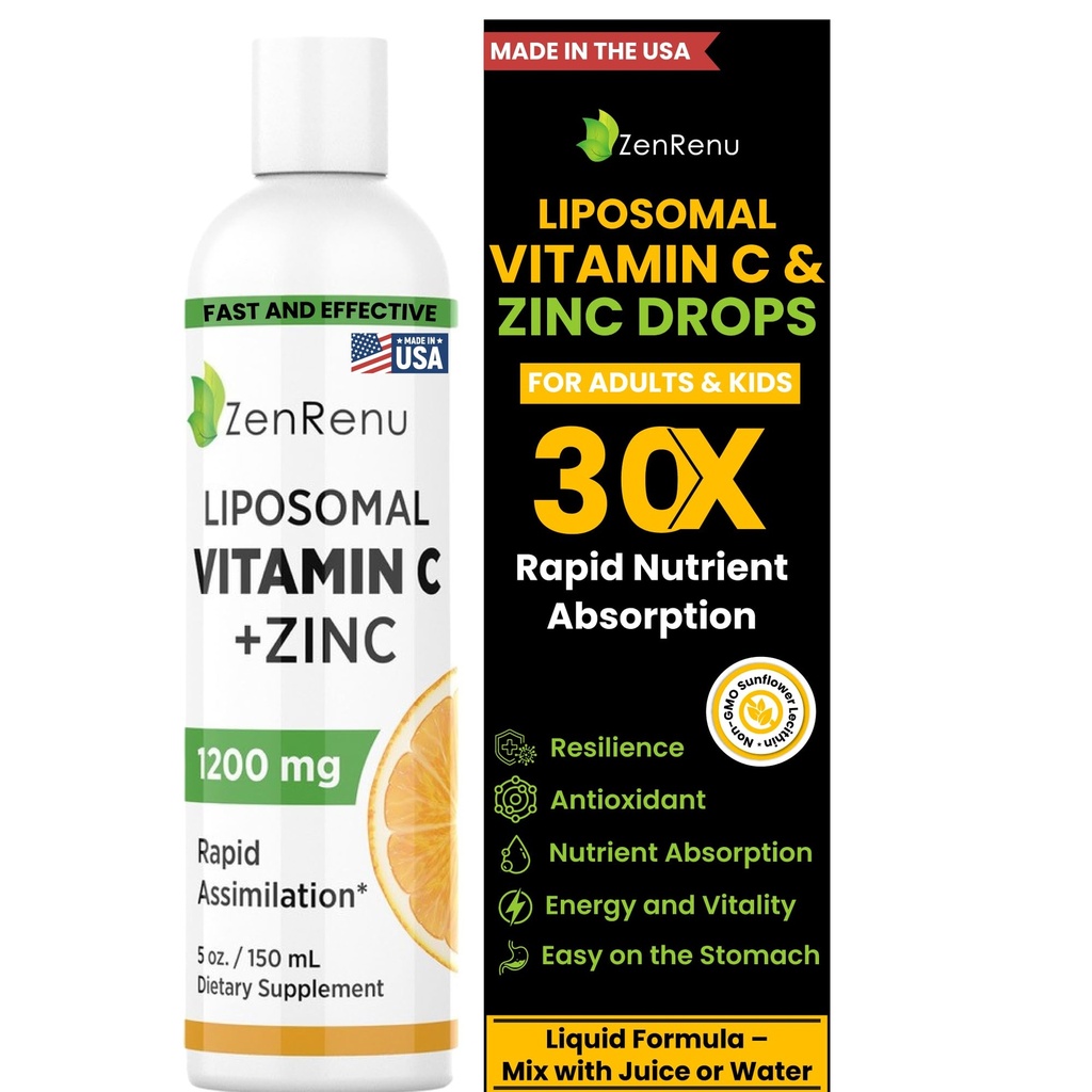 Zenrenu Liposomal Vitamina C y Zinc Liquid Drink for Adults &amp; Kids - Non GMO Sunflower Lecithin - Max Antioxidant &amp; Immune Support, 5 oz / 150 ml