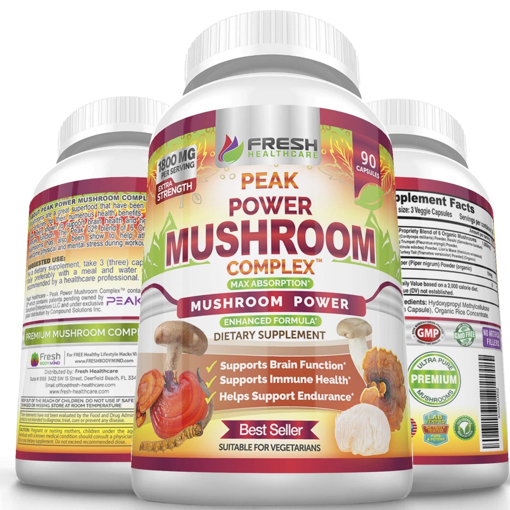 FRESH HEALTHCARE Mushroom Suplemento - Lions Mane, Cordyceps, Reishi, Turquía Tail, y Shitake - Immune y Brain Support - Peak Power Mushroom Suplemento - 90 cápsulas Vegan