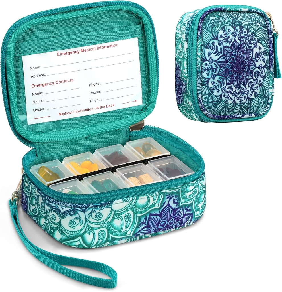 FINPAC Pill Organizers, 8 Compartments Travel Pill Case for Weekly 7 Days Medication Care, Compact &amp; Cute Medicine Vitamin Dispenser and Holders (Esmerald Illusions)