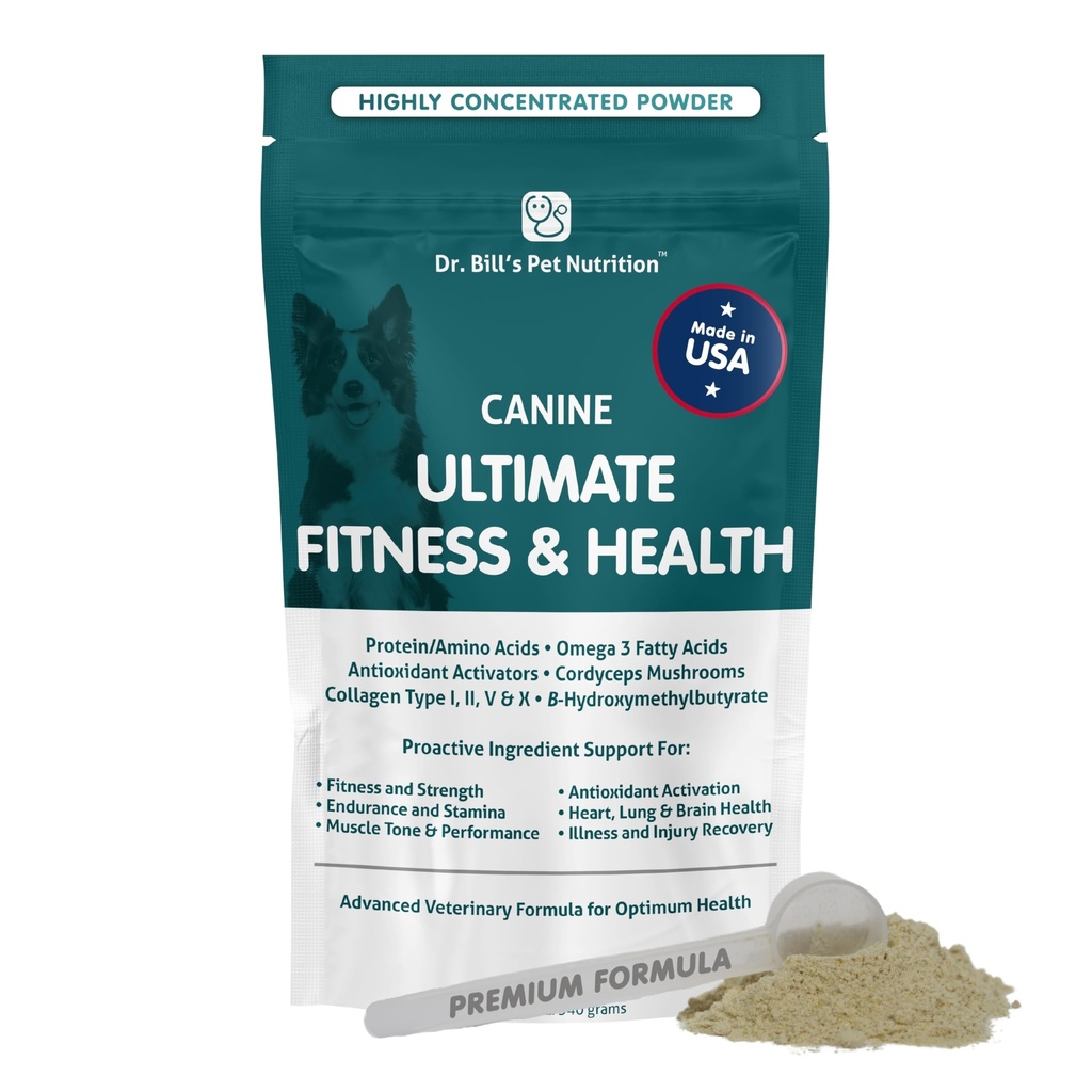 Dr. Bill’s Canine Ultimate Fitness &amp; Health Vitamins for Dogs ← Multivitamin for Dogs w/Coenzyme Q-10, Vitamina E, Vitamina D-3, Biotina, ácido fólico, vitaminas y suplementos de ácido hialurónico 340g