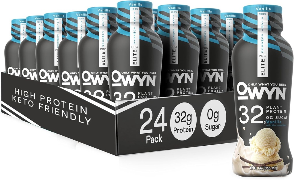 Solo lo que necesitas Pro Elite Vegan High Protein Keto Shake, 32g Protein, 9 Aminoácidos, Omega-3, Prebióticos, Ejercicio y Recuperación, 0g Net Carbs, Zero Sugar (Vanilla, 12 Fl Oz (Pack de 24)