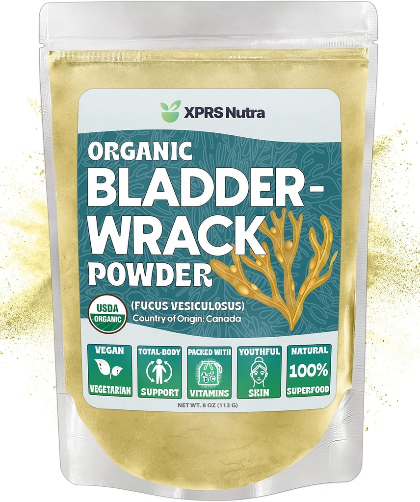 XPRS Nutra Organic Bladderwrack Powder (Fucus Vesiculosus) - Pólvora orgánica para la piel de alambrado - Vegan Friendly Bladderwrack Herb Iodine Suplemento (8 onzas)