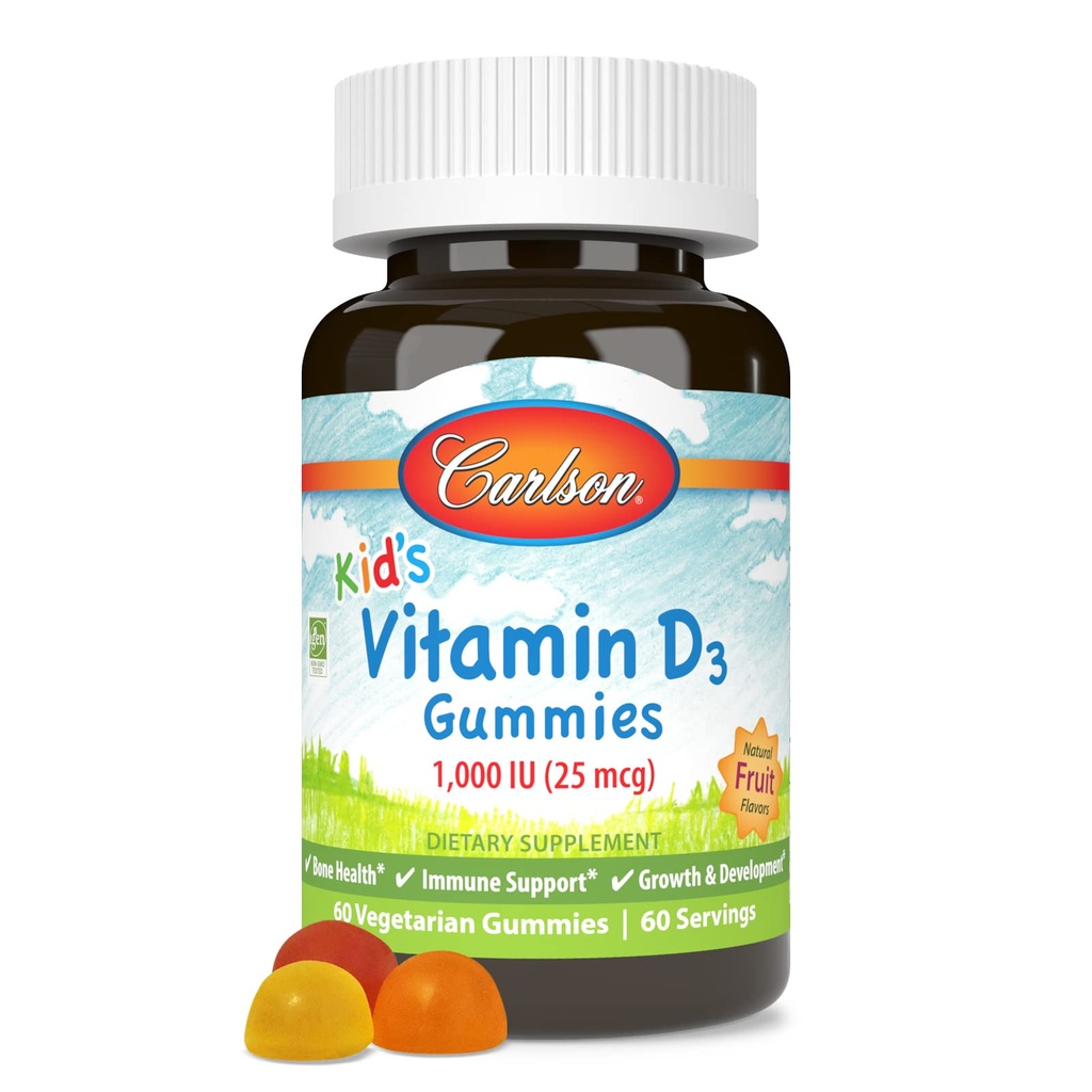 Carlson - Kid's Vitamin D3 Gummies, 1000 UI (25 mcg), Bone Health &amp; Immune Support, Growth & Development, Vitamin D Gummies, D3 Gummy Vitaminas, Natural Fruit Flavors, 60 Gummies Vegetarianas