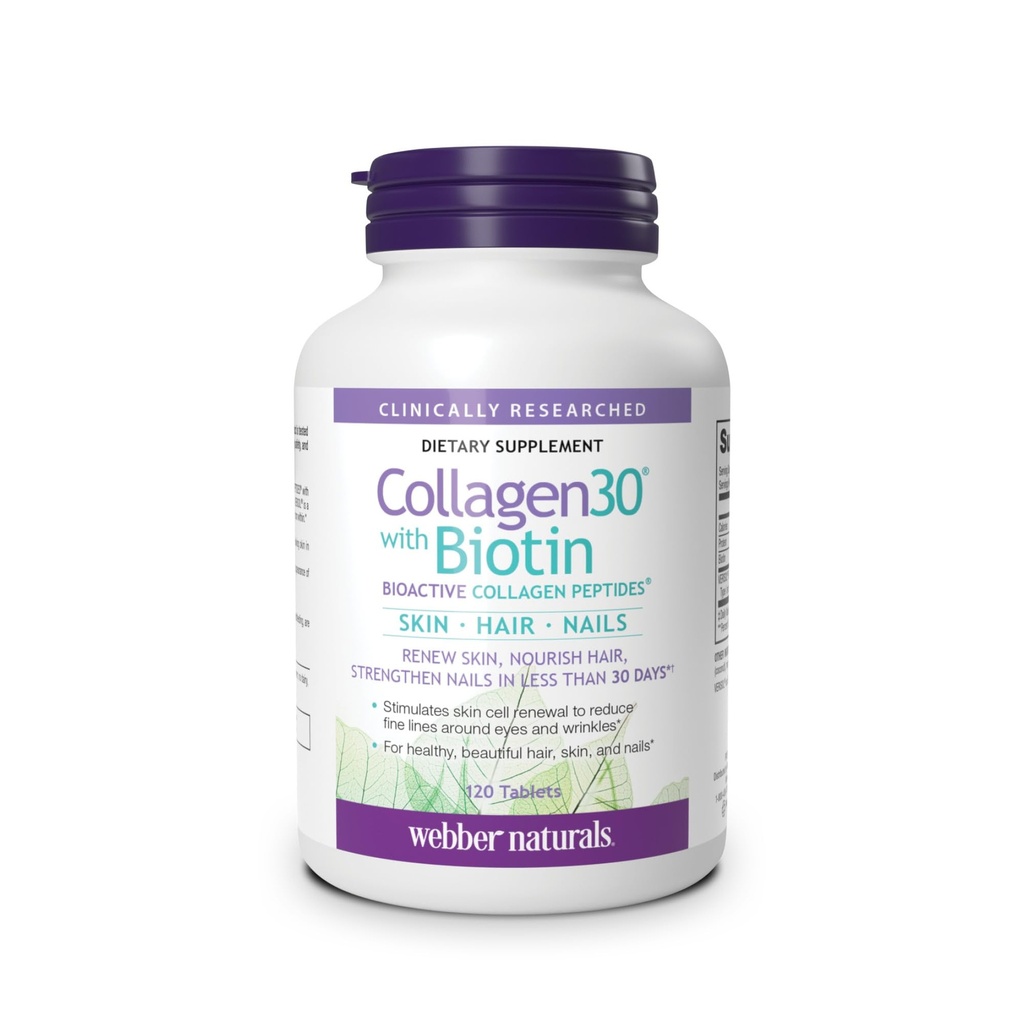 Webber Naturals Collagen30 con Biotina, 2.500 mg de Péptidos de Collagen Bioactivo con 5.000 mcg de Biotina Por Servir, 120 Tabletas, Para el Nourishment Avanzado de la piel, el pelo y las uñas, lácteos &amp; gluten Gratis