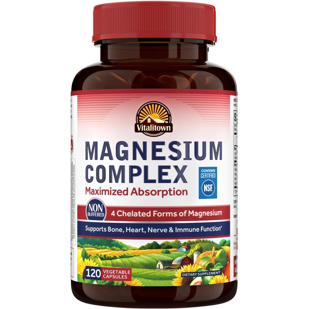 Vitalitown Magnesium Complex Suplemento 500mg - NSF Certified Magnesium Glycinate, Malate, Taurate & Citrate - Chelated High Absorption & Gentle on Stomach - Vegan Non-GMO 120 cápsulas
