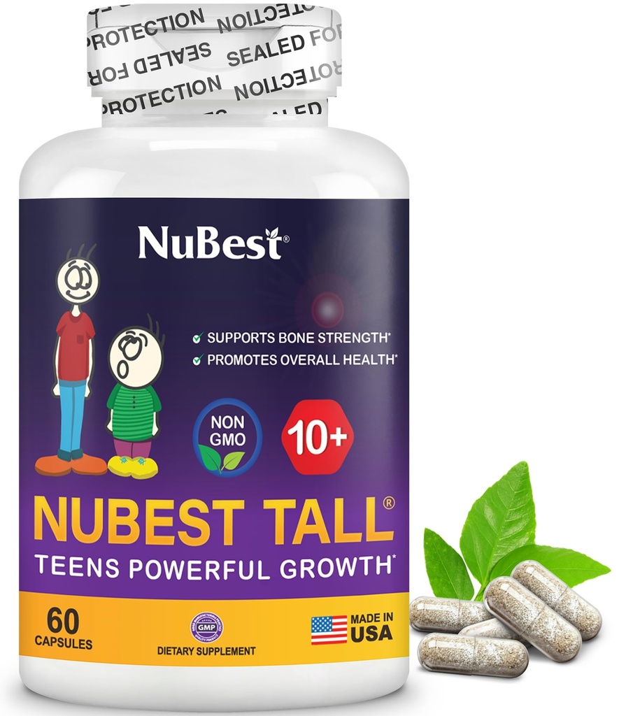NuBest Tall 10+ Premium Bone Strength Fórmula, Inmunidad mejorada y salud general para la edad 10+ con Calcio, Vitamina D3, Vitamina K2, y Multivitamínicos 60 cápsulas  1 mes de suministro