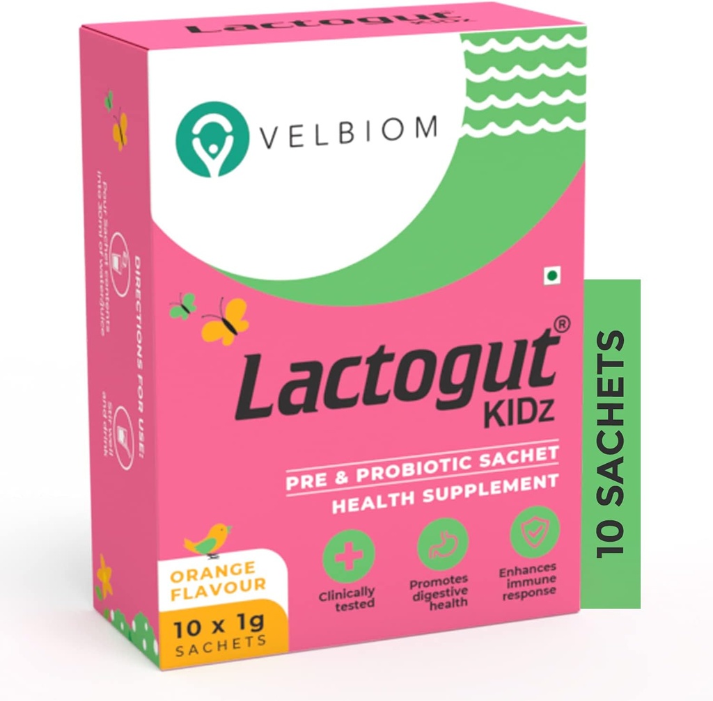 Lactogut Kidz Probióticos Polvo para niños Probióticos fáciles de consumir para niños Salud Gut, Bienestar general e inmunidad Clínica Vegan Proveer - 1Gx10 Sachets (Orange Flavour)