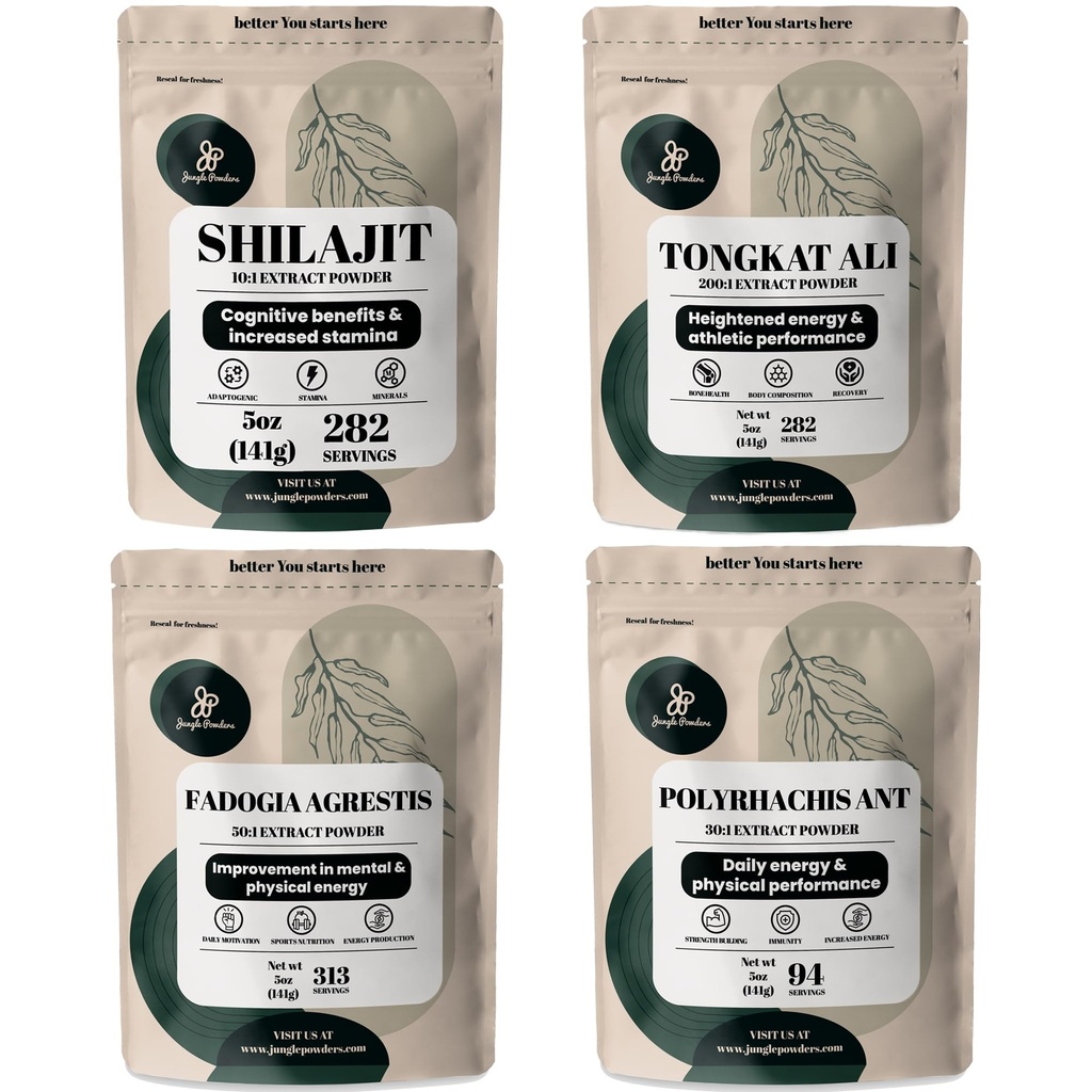 Powders de jungla Herbal Powders Bundle - Shilajit Powder, Tongkat Ali para Hombre Polvo, Negro Ant Extracto Polvo, Fadogia Agrestis Extracto para Hombre Suplemento