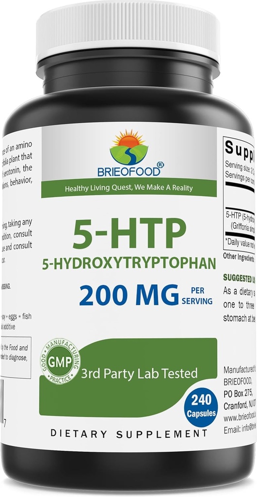 Brieofood 5-HTP 200mg por servicio - 240 cápsulas - 5-Hydroxytryptophan para la relajación saludable - 3rd Laboratorio de Partido probado