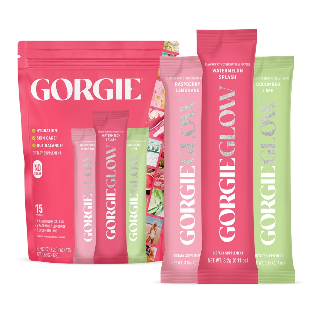 GORGIE Glow Variety Pack 15 Sticks, Electrolyte Powder Healthy Drink Mix, w/Hyaluronic Acid, Aquamin, Vitamina C &amp; D, Probiotics, No Sugar, Antioxidants for Hydration, Skin Care, and Gut Balance