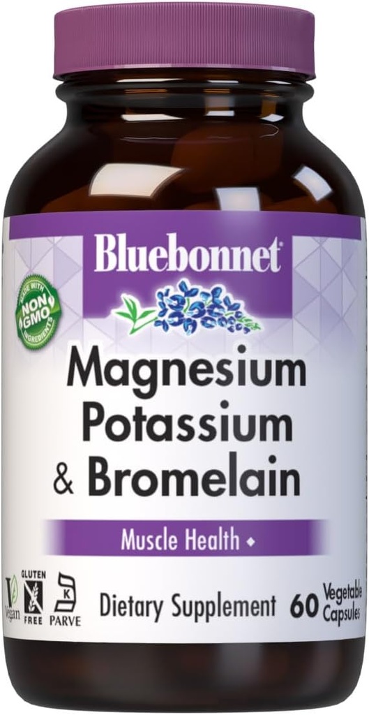 Bluebonnet Magnesium Potassium Suplemento " Bromelain for Muscle Health Support - Daily Magnesium Complex for Women " Hombres - Non-GMO, Vegan, Libre de gluten – 60 cápsulas vegetarianas (30 servidos)