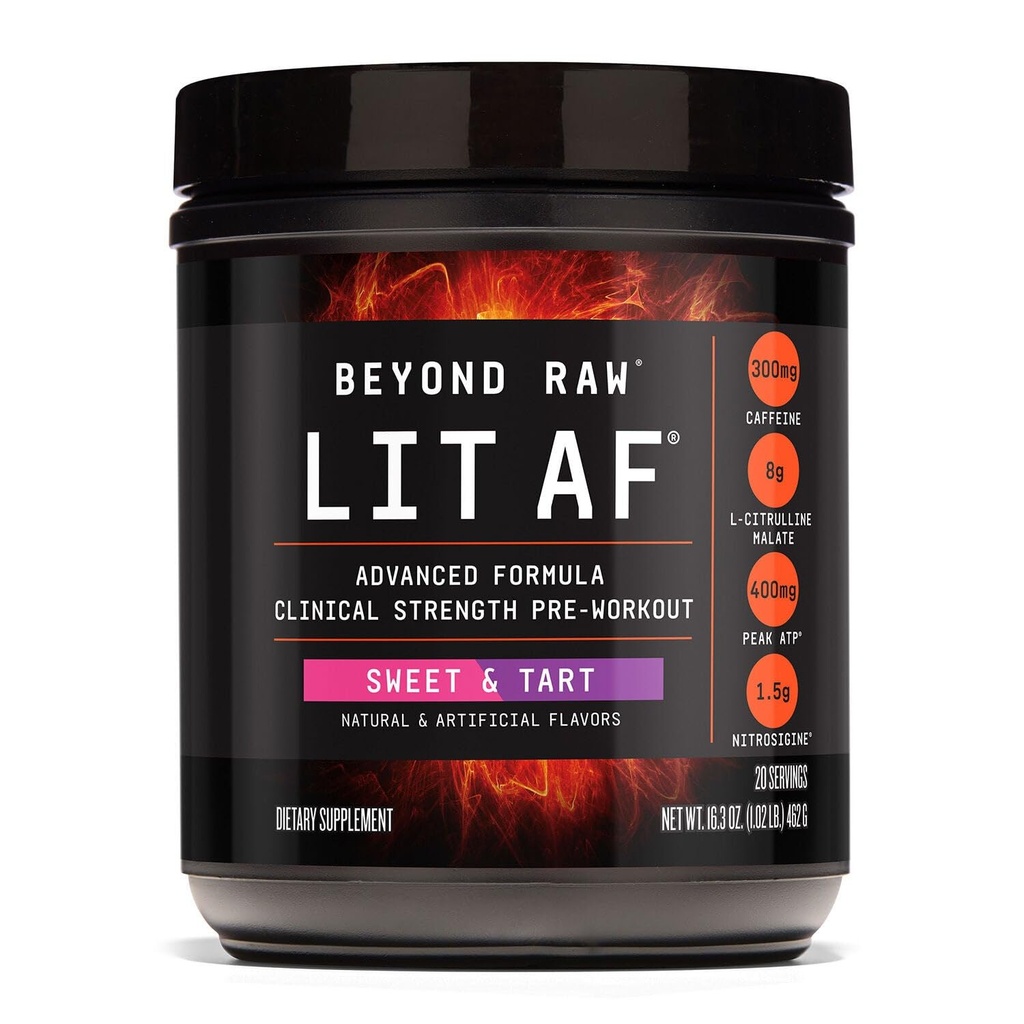 BEYOND RAW LIT Advanced Pre Workout Formula, Sweet and Tart, for Energy, Focus, Endurance, Pumps, with 300mg Rapid and Targeted Release Caffeine, Creatine, Beta Alanine, Taurine, 20 Servings