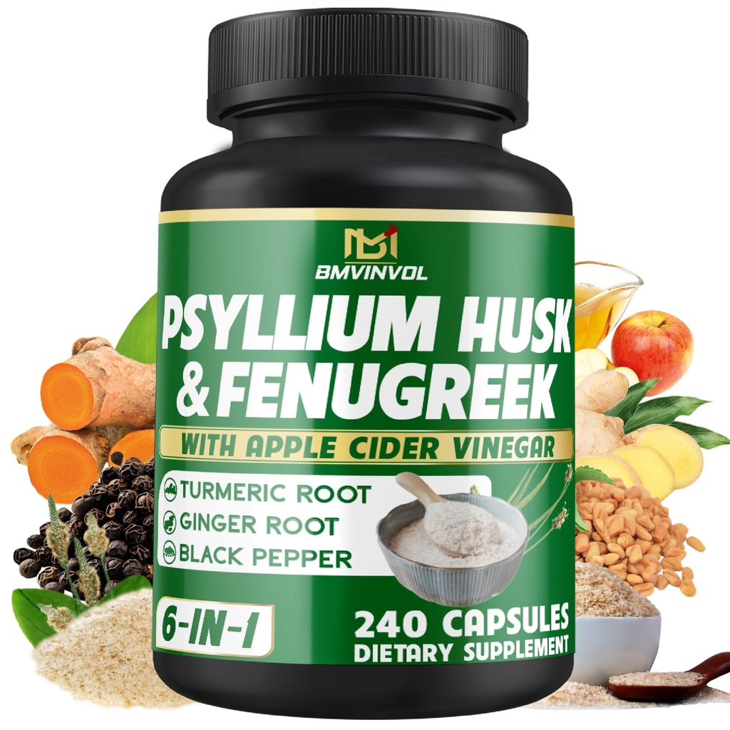 BMVINVOL Psyllium Husk Suplemento de fibra con Fenugreek, Apple Sider Vinegar, Turmeric, Ginger, Black Pepper- Digestion Health Support - 240 cápsulas