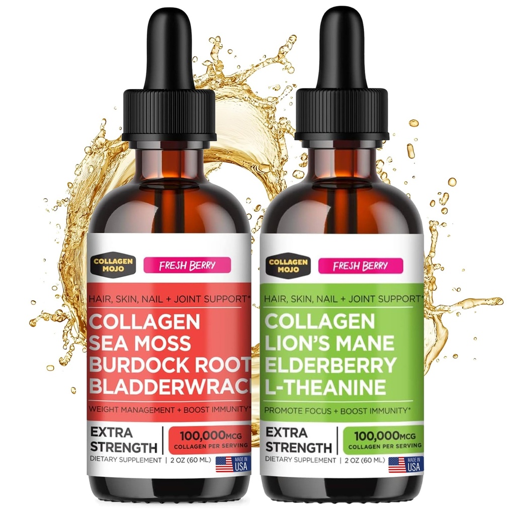 Collagen Mojo Líquido Colágeno Peptidos con Moss Mar, Burdock Root & Bladderwrack + Líquido Collagen Peptides con Lions Mane Mushroom, Elderberry & L-Theanine