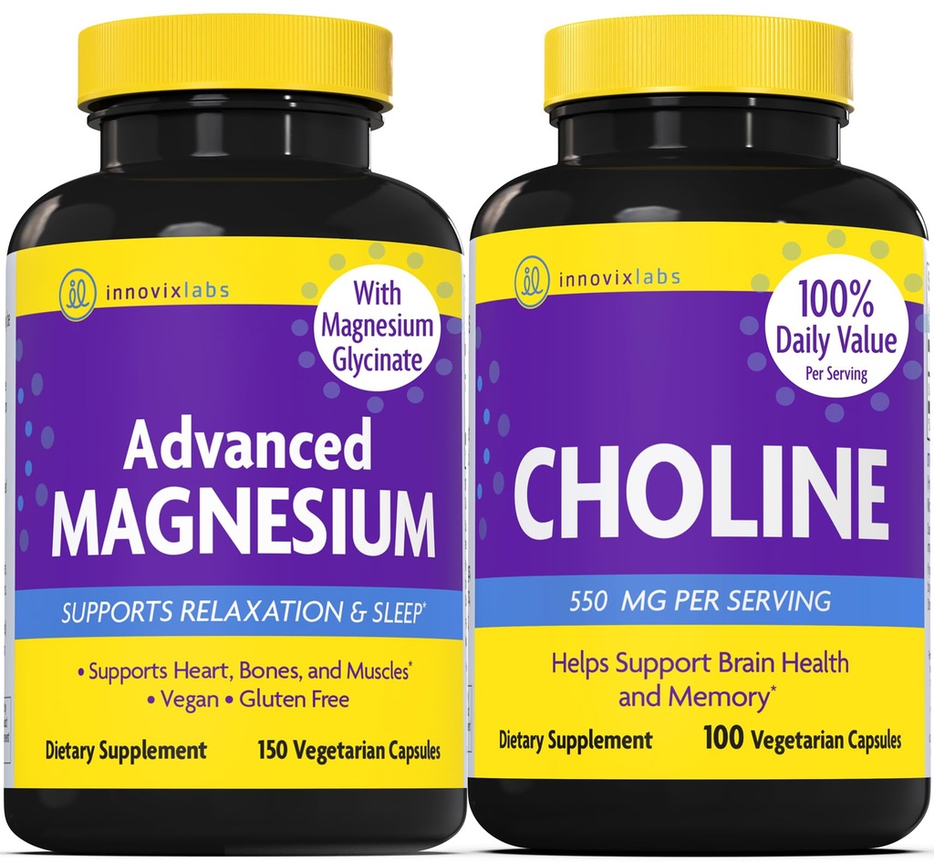 InnovixLabs Choline &amp; Magnesium Bundle Choline Bitartrate 550mg (100 capsules) Advanced Magnesium (150 capsules). Soporta Memoria, Mood, Brain Health " Boost Cognitive.*