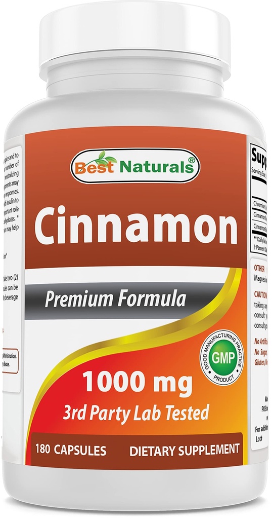 Mejores Naturales Cinnamon 2000 mg Equivalente con cromo 400 mcg por Serving - Metabolismo Soporte - 180 cápsulas