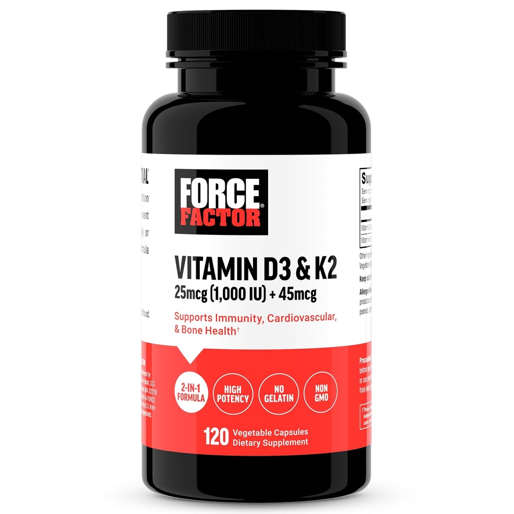 FORCE FACTOR Vitamina D3 K2 para apoyar la inmunidad, la salud del corazón, el soporte de los huesos, y más, alta potencia 2 en-1 Fórmula, Vegan, No gelatina, no GMO, 120 cápsulas