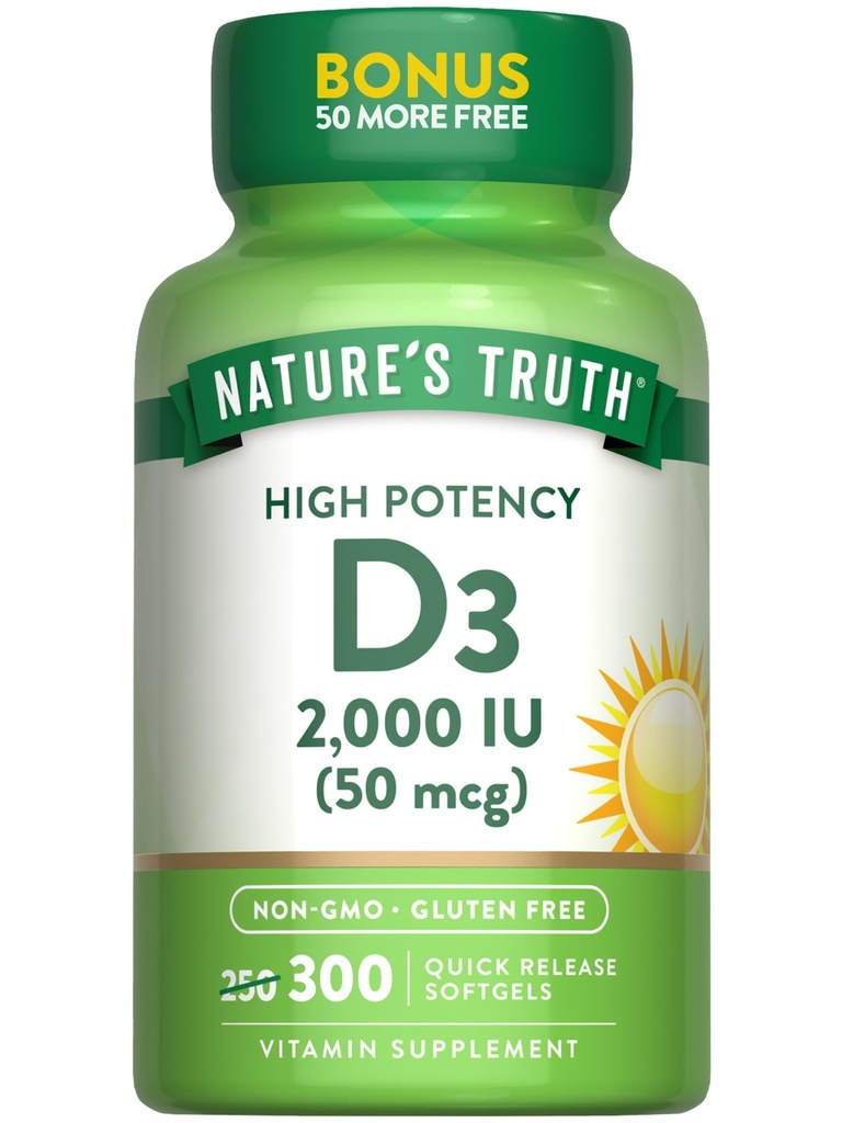 La verdad de la naturaleza Vitamina D3 2000 UI ANTE 300 Softgels ← High Potency Fórmula