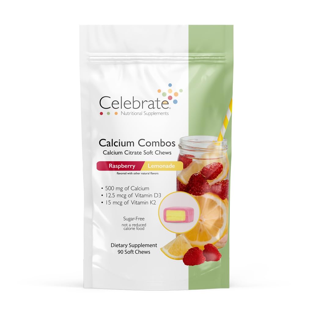 Celebrar vitaminas Bariatric 500mg Calcio Citrate Soft Chews Combo con 500 UI Vitamina D3 – Esencial para el bypass gástrico Pacientes &amp; Bone Health - Sugar & Gluten Free, Rasperry Lemonade (90 Chews)