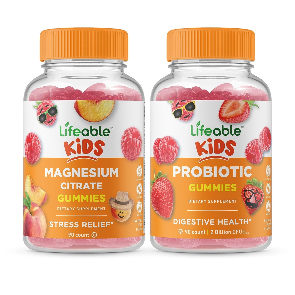 Citrate de Magnesio Lifeable Niños + Probiótico 2 Billones CFU Niños, Gummies Bundle - Gran Tasting, Suplemento de Vitamina, Gluten Gratis, GMO Gratis, Chewable Gummy