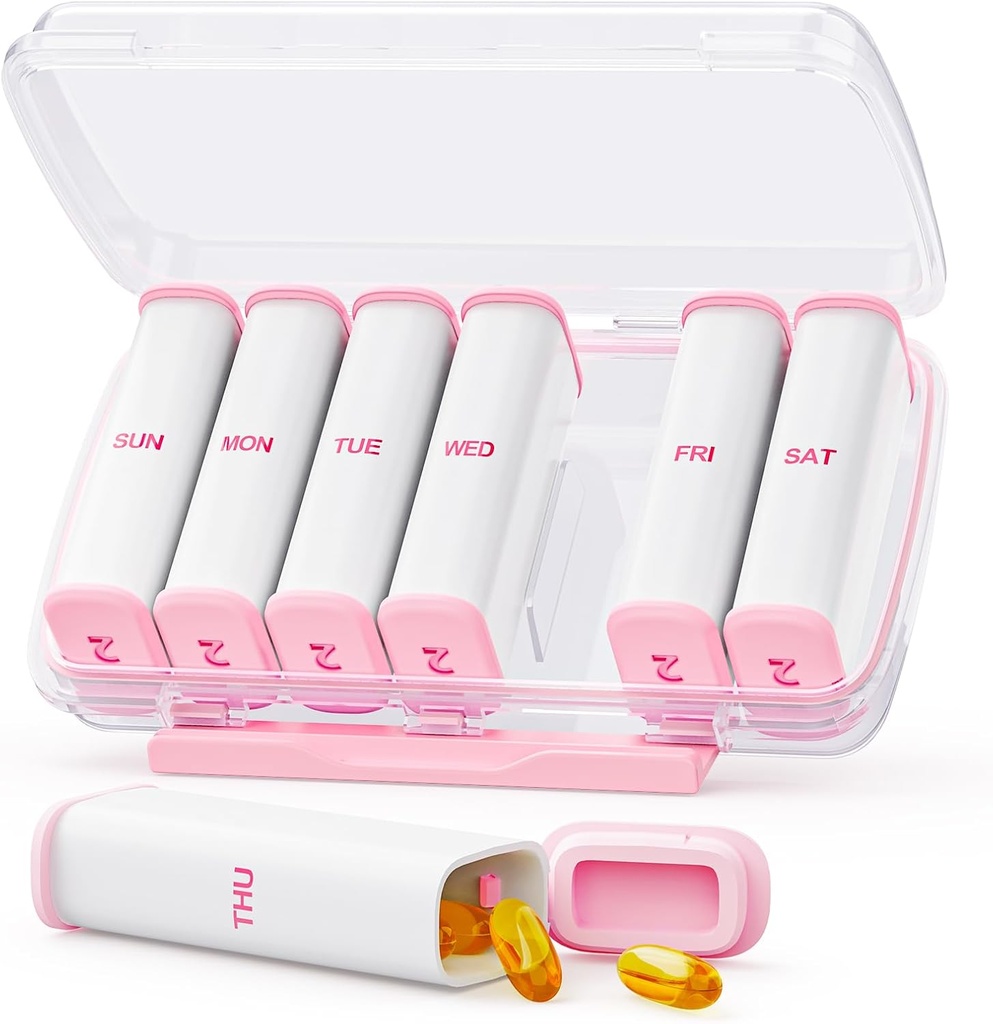 Pink Weekly Pill Organizer 2 veces al día con doble diseño Damp-Proof, portable AM PM Pill Box 7 Day, Detachable Pill Case for Pocket, Purse, Large Pill Container for Vitamins, Fish Oils
