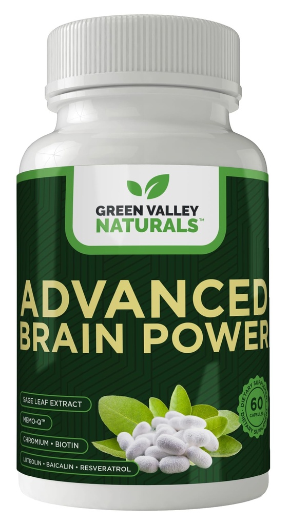 GREEN VALLEY NATURALS - Advanced Brain Power - Supports Healthy, Normal Brain Function, Focus and Concentration, clínicamente formulado para apoyar la claridad cerebral saludable. (1 Botella, 60, Conde)