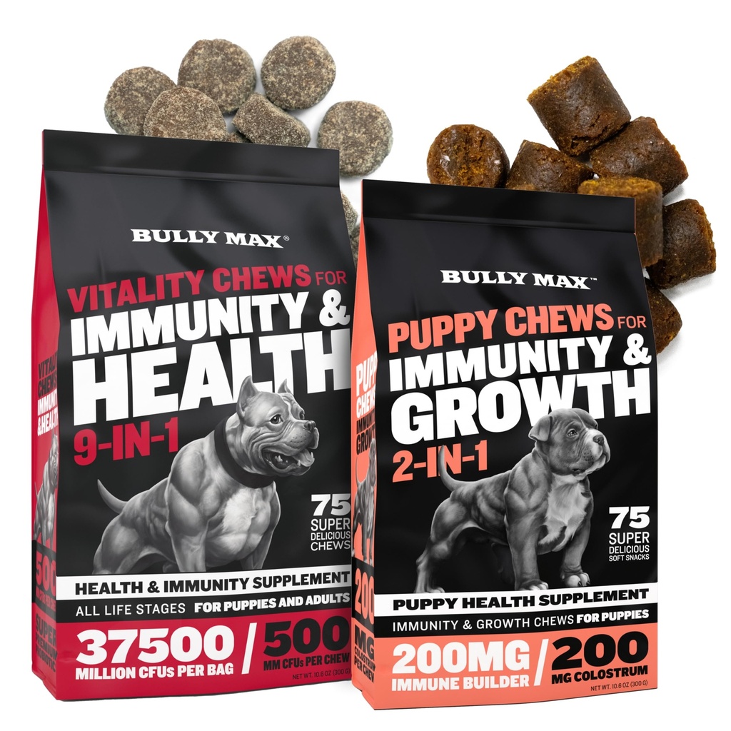 Bully Max Vitality Dog Chews and Puppy Soft Chews Bundle for Total Support with Daily Vitamins for Puppies and Adult Dogs – Incluido Immune, Joint, Skin, Coat, Digestion, and Development Support