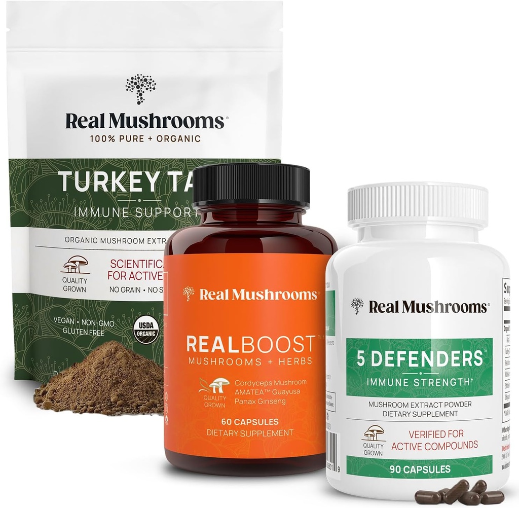 Real Mushrooms RealBoost (60ct), 5 Defenders (90ct) & Turquía Tail Mushroom Powder " Capsules Bundle - Mushroom Supplement for Energy, Vitality & Immune Strength - Vegan, Non-GMO