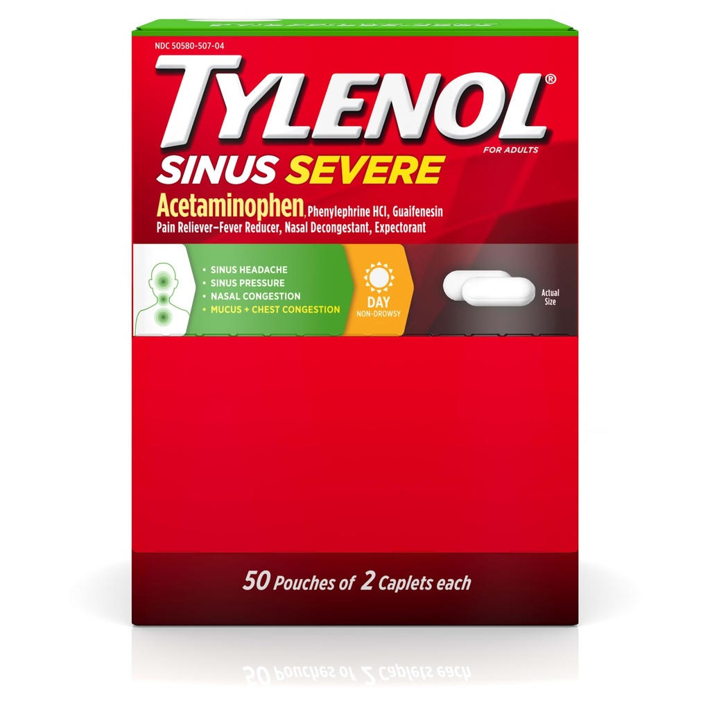 Tylenol Sinus Severe Caplets diurnos con Acetaminophen 325mg, Guaifenesin 200mg " Phenylephrine HCl 5mg, No-Drowsy Dolor, expectorant " Nasal Decongestant, 50 Travel Packs of 2 ct