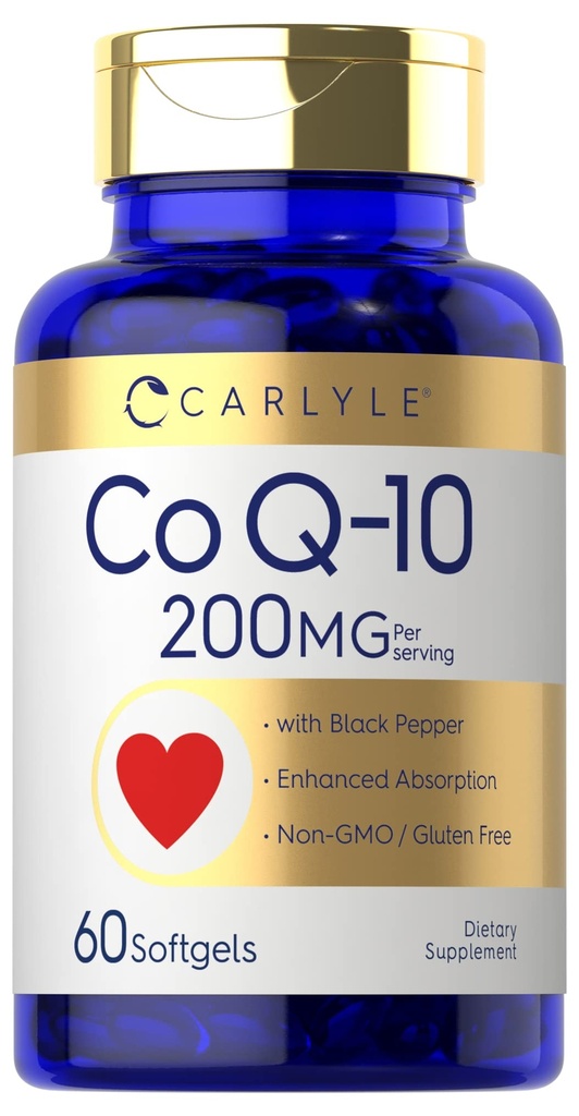 Carlyle CoQ10 200mg Softgels Silencio 60 Conde Silencio con Black Pepper Silencio Enhanced Absorption ← Non-GMO, Gluten Free Supplement