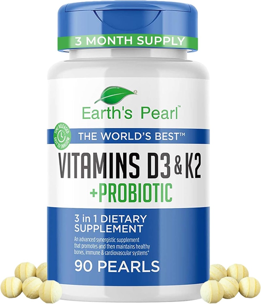 Vitamina de Perla de la Tierra D3 K2 5000 UI - 3-in-1 K2 D3 Suplemento de Vitamina con Probióticos para Hombres Mujer, Suministro de 3 meses, Suplementos de Salud Gut para Hombres Mujer (90 TC)