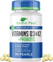 Vitamina de Perla de la Tierra D3 K2 5000 UI - 3-in-1 K2 D3 Suplemento de Vitamina con Probióticos para Hombres Mujer, Suministro de 3 meses, Suplementos de Salud Gut para Hombres Mujer (90 TC)