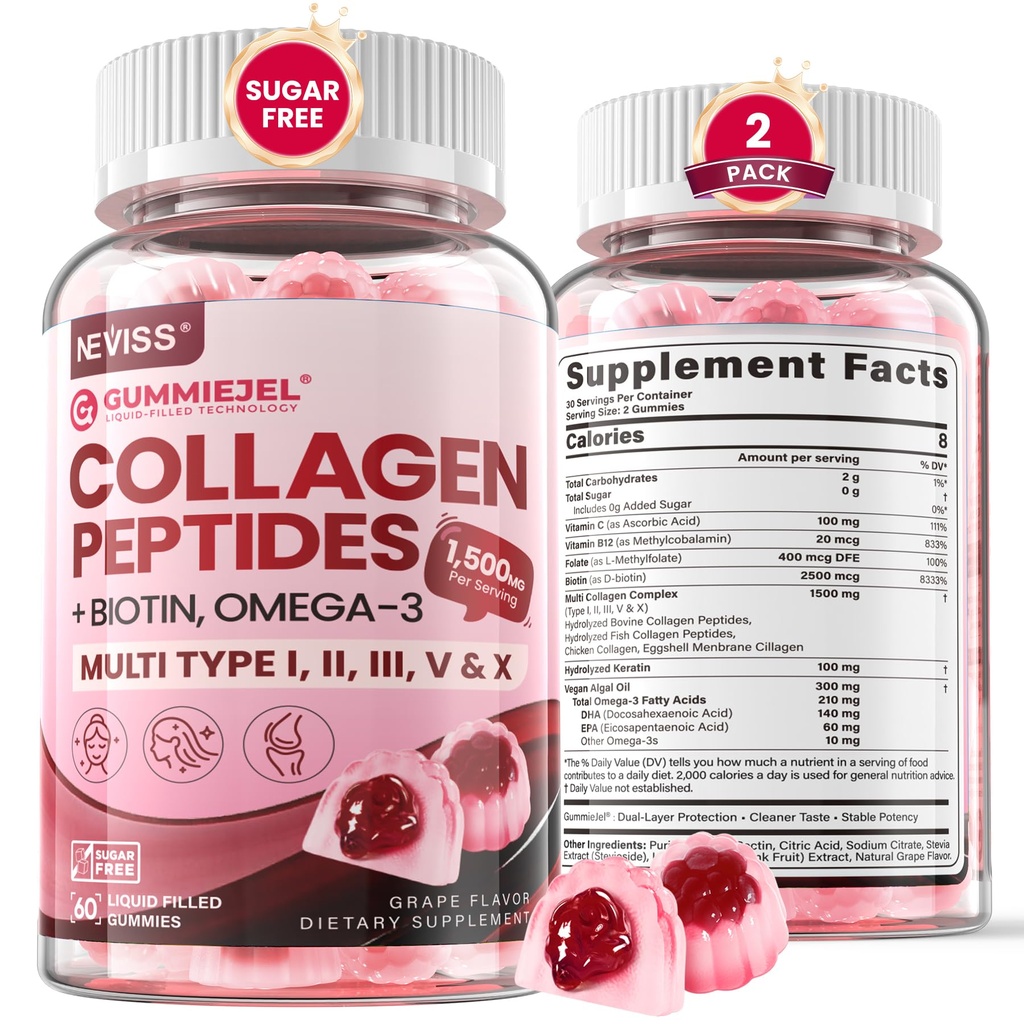 Péptidos de colágeno hidrolizado, Gummies marinas para Mujeres Hombres, Multi Collagen Tipo I II III V &amp; X para el crecimiento del cabello, uñas de piel sana - Collagen Gummy w / Hair Vitaminas Biotina Keratina & Vitamina D3, 120Cts