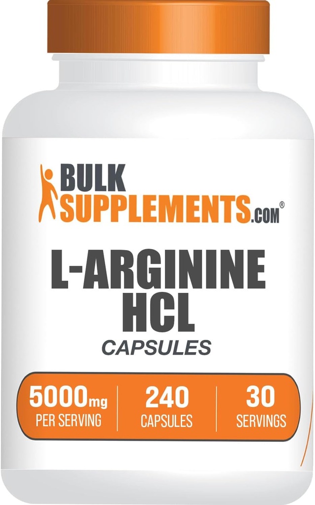 BulkSupplements.com L-Arginina HCl Capsules - Suplemento Arginina, Suplemento de óxido nítrico, L Arginina Capsules - Nitric Oxide Pills, Gluten Gratis - 8 cápsulas por servicio, (5000mg) 240 cápsulas