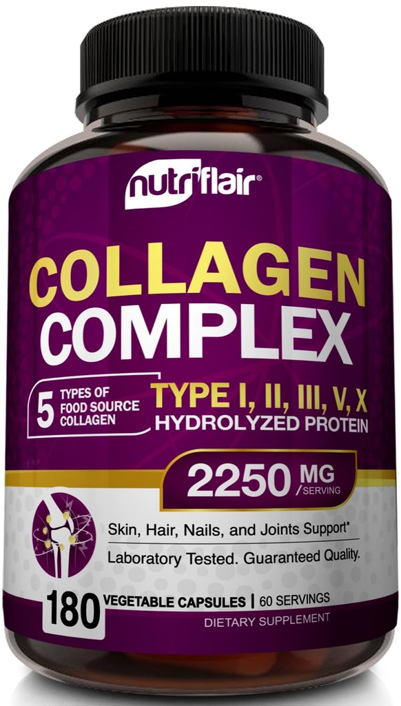 NutriFlair Multi Collagen Peptides 2250mg - Tipo I, II, III, V, X - Suplementos Collagen Píldoras de polvo complejas para mujeres y hombres - Proteína hidrolizada, cabello saludable, piel, uñas - No GMO (180 cápsulas)
