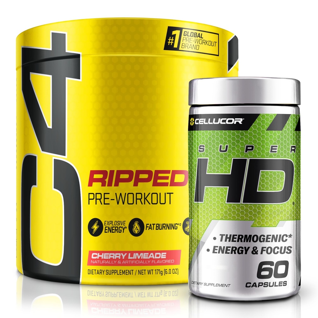 C4 Ripped & SuperHD, Thermogenic Bundle, C4 Ripped Pre Workout Powder, Cherry Limeade 30 Servings + SuperHD con Capsimax y Green Tea Extract, 60 Servings