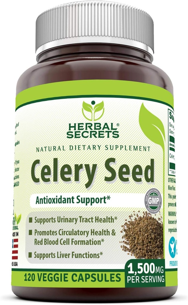 Herbal Secrets Celery Seed Extract Supplement TEN 1500 Mg TEN 120 Veggie Capsules Silencio No-GMO Silencio Gluten-Free TEN Made in USA