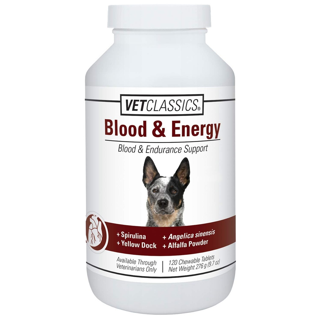 Vet Classics Blood & Energy Support for Dogs, Supports Endurance with Spirulina, Yellow Dock, " Alfalfa Support Formation of Hemoglobin and Myoglobin, 120 Chewable Tablets