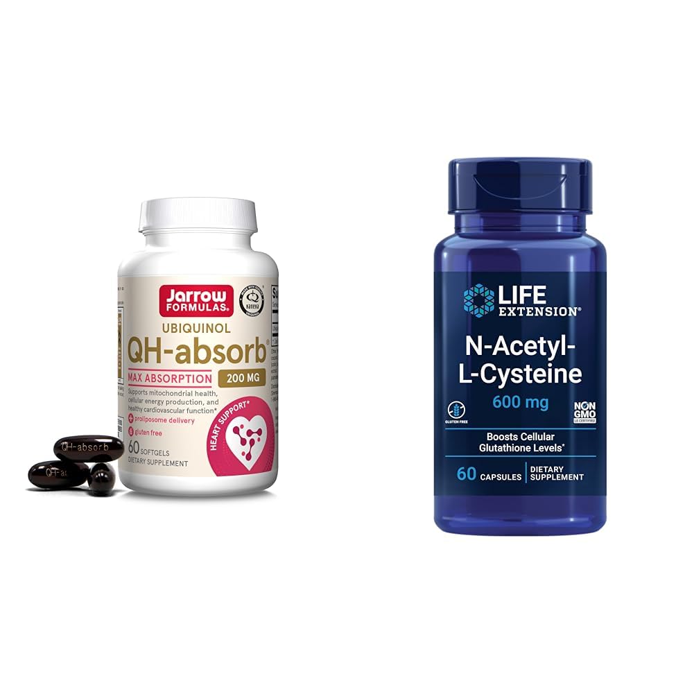 Jarrow Formulas QH-Absorb 200 mg - High Absorption Co-Q10 - Active Antioxidant Form of Co-Q10 & Life Extension N-Acetyl-L-Cysteine (NAC), Immune, Respiratory, Liver Health, NAC 600 mg