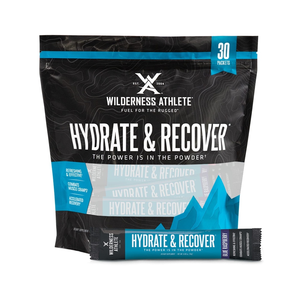 Wilderness Athlete - Hydrate & Recuperar ANTE Liquid Hydration Packets Electrolyte Drink Mix - Recover Faster with Bcaas - 30 Single Serving Hydrate Packets (Blue Raspberry)