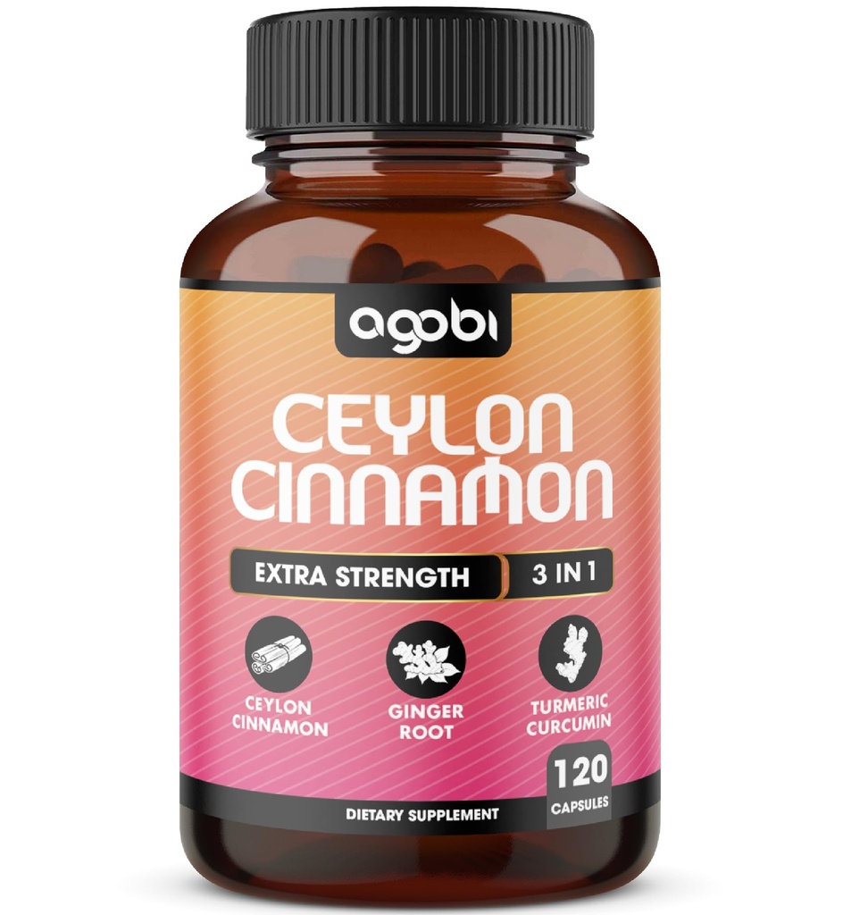 Ceylon Cinnamon Capsules - Combined with Ginger Root and Turmeric Curcumin Supplement - 120 Vegan Capsules