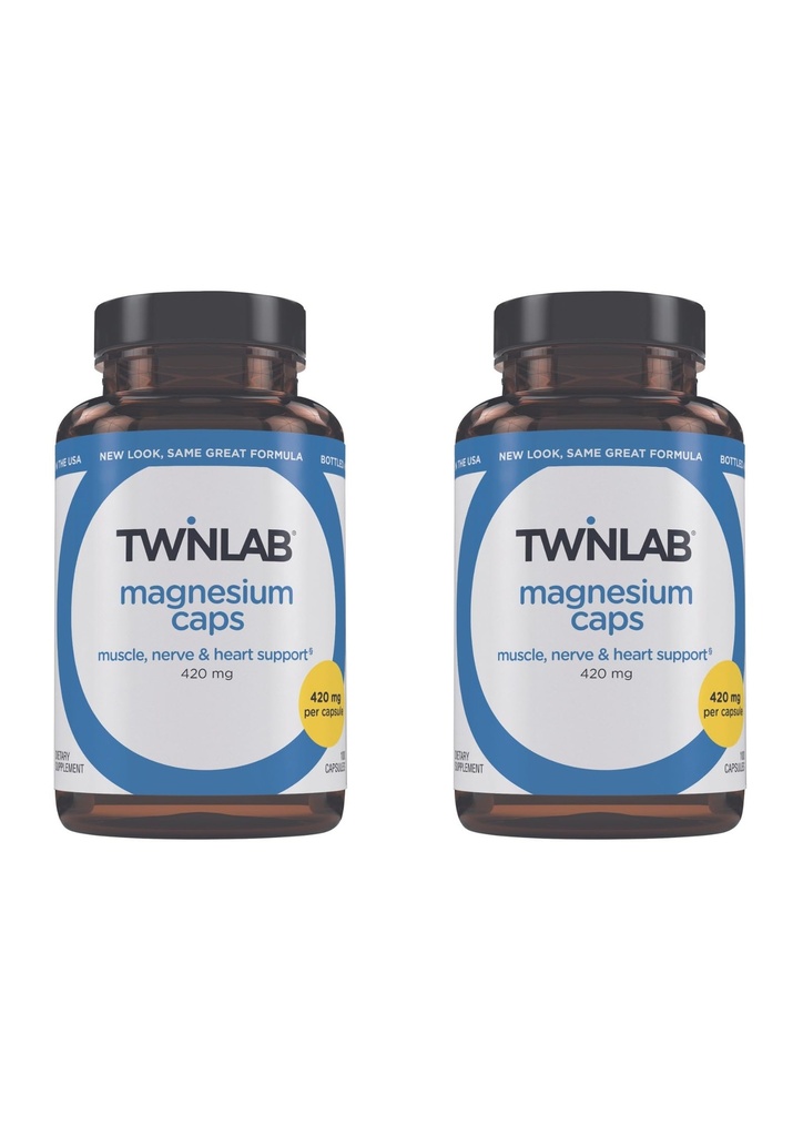 Capas de magnesio de Twinlab - Suplemento de magnesio de alta absorción para apoyar a los calambres de la pierna Alivio - cápsulas de magnesio para el alivio de estrés, 420 mg, 100 Conde, 2 Pack