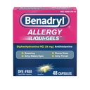 Benadryl Liqui-Gels Antihistamine Allergy Medicine " Cold Symptom Relief, Dye-Free Llantas con 25 mg de Diphenhydramine HCl para síntomas como, Runny Nose, Sneezing " Más, 48 ct