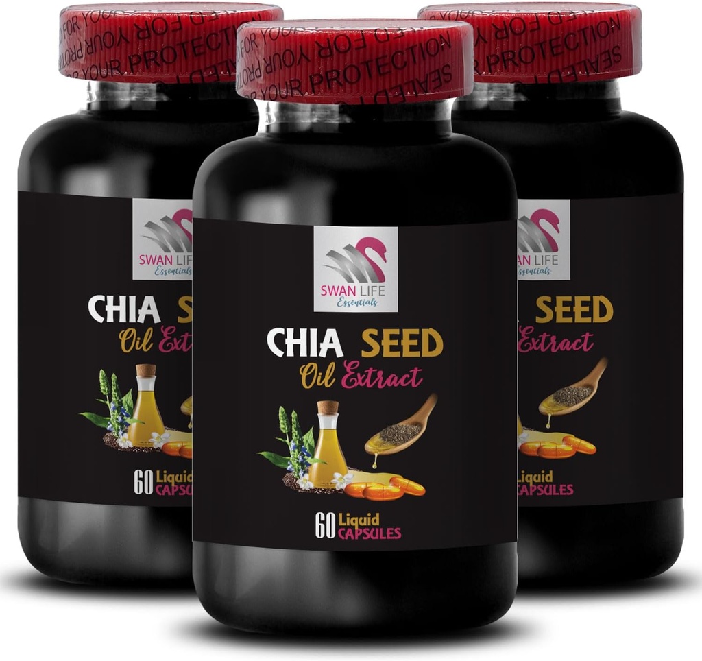 Aceite basado en plantas - CHIA SEED OIL EXTRACT - Aceite hidratante, Textura rica, Cuidado del cabello, Acabado brillante, Brillo natural, Beneficios de Chia, Textura ligera, Hidratación pura, Aceite corporal, Aceite de flujo 3 Botella 180 Caps