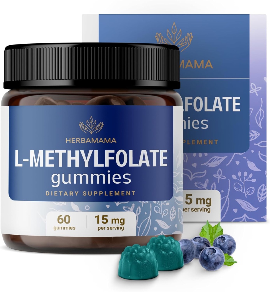 HERBAMAMA L-Methylfolate Gummies - 15mg 5-MTHF Suplemento de calma para adultos - Vegan, No GMO Folato metilado (Vitamin B9) para el soporte cerebral - 60 Pectin-Based Blueberry-Flavored Chews