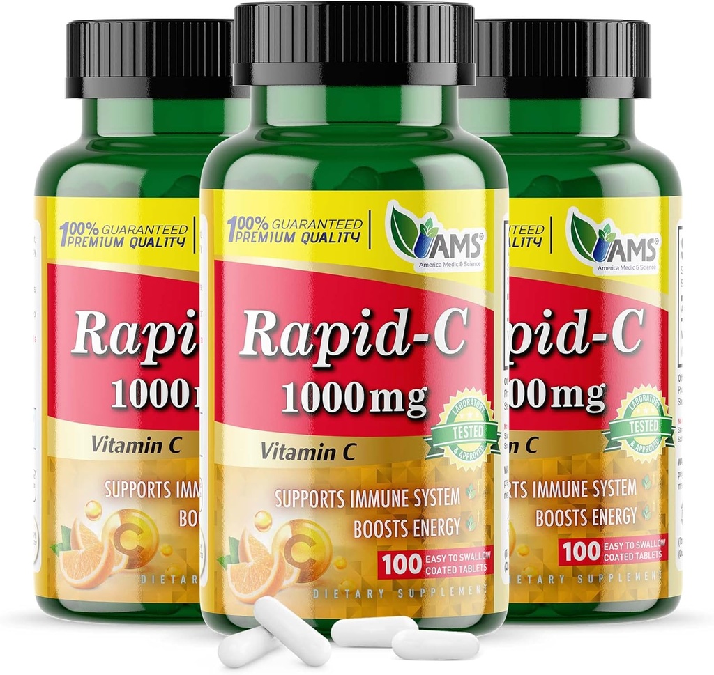 America Medic & Science Rapid-C 1000mg Vitamina C Suplemento (3 Pack of 100 Tablets) Energy Booster, Daily Immune System Support, Antioxidant peru Vegan, Non-GMO Coated Ascorbic Acid for Adult Men & Women