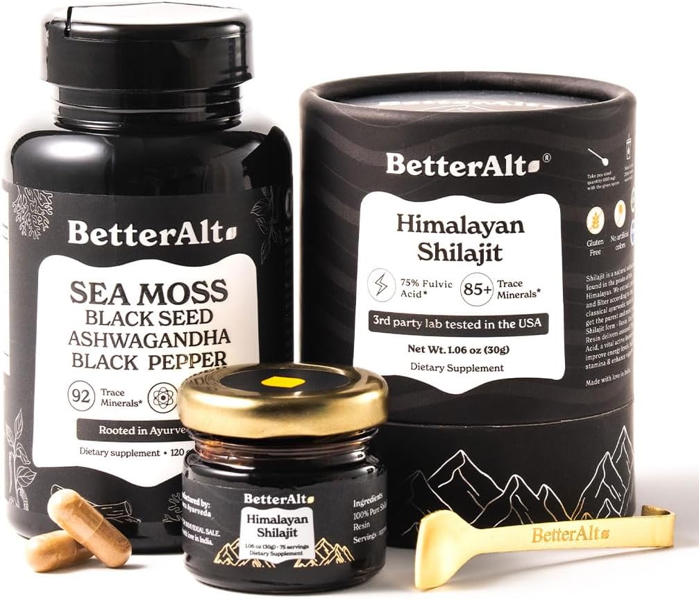 Shilajit Resin 30 gm & Sea Moss Capsules Energy Duo sometida Pure Himalayan Shilajit Oro Grado para Hombres " Mujeres con alta potencia " Mar irlandés Moss con aceite de semilla negra