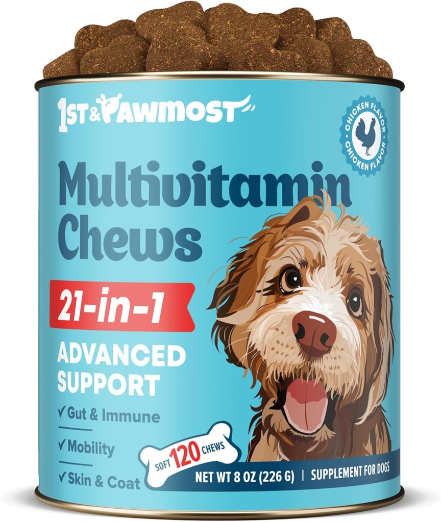 21-in-1 Perro Multivitamínico - Vitaminas y Suplementos para perros mayores y cachorros - Multivitamínico para perros para la piel, la carne, el corazón, soporte inmunológico - Multivitaminas de perros Chewable para soporte conjunto -120pcs