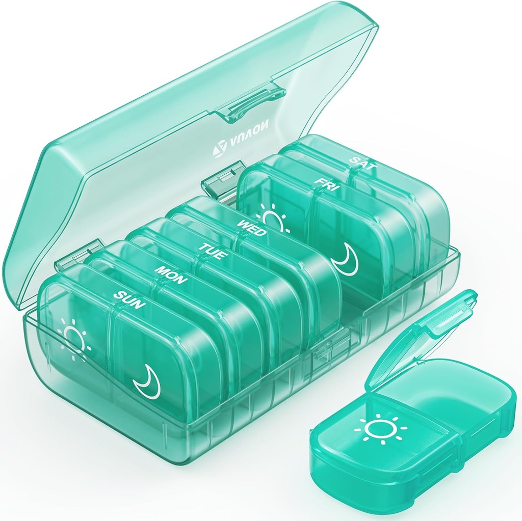 AUVON XL Organizador semanal de píldoras 2 veces al día, Pill Box 7 día con aperturas únicas grandes para fácil de usar, Cyan AM PM Caso de píldora para medicamentos, vitaminas, aceites de pescado, suplementos